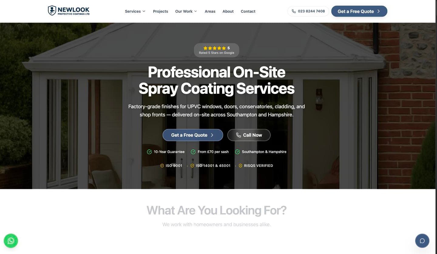 Homepage of Newlook Protective Coatings, an on-site spray coating business in Southampton and Hampshire.